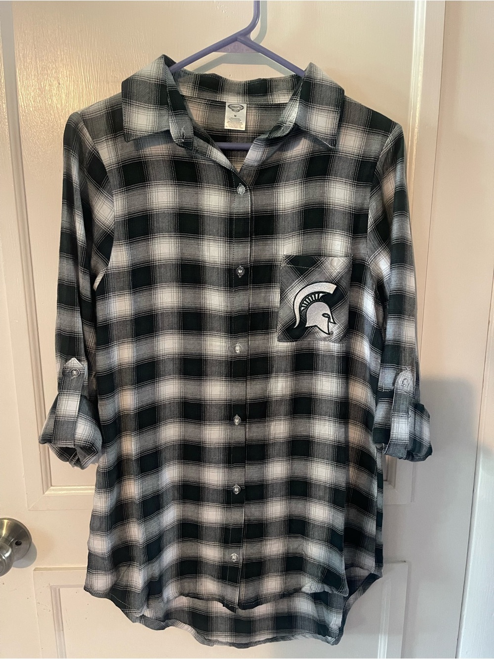 Green and white plaid button down with Spartan logo.
